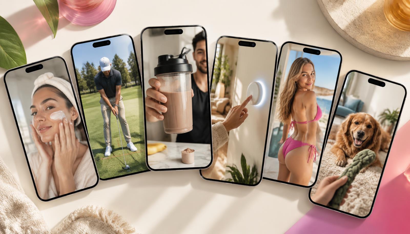 UGC videos across skincare, fitness, smart home, swimwear and pet products